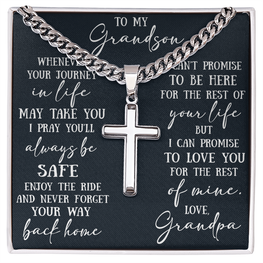 To My Grandson Artisan Cross with Cuban Link Chain - Christian Faith Gift From Grandpa Inspirational Jewelry