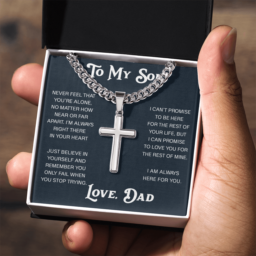 To My Son Artisan Cross with Cuban Link Chain - Christian Faith Gift From Dad Inspirational Jewelry