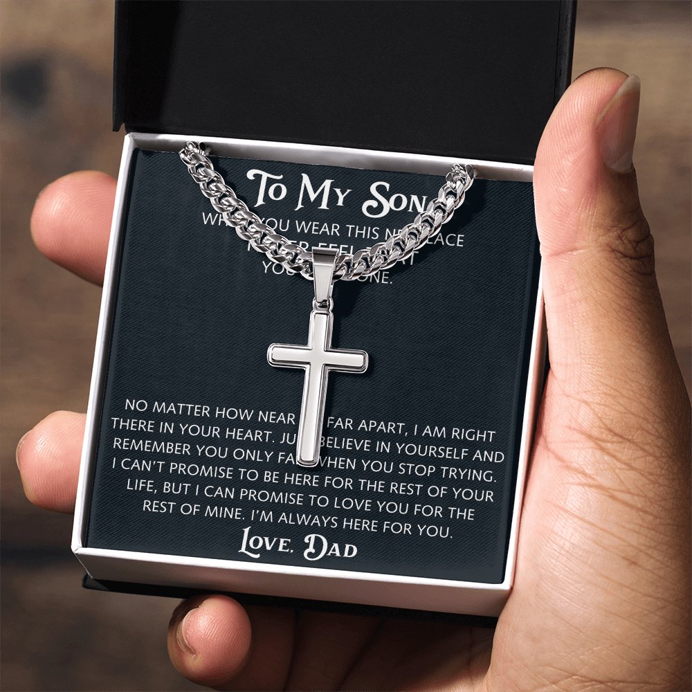 To My Son Artisan Cross with Cuban Link Chain from Dad Father, Christian Faith Religious Gift For Birthday, X-mas or Special Occasion