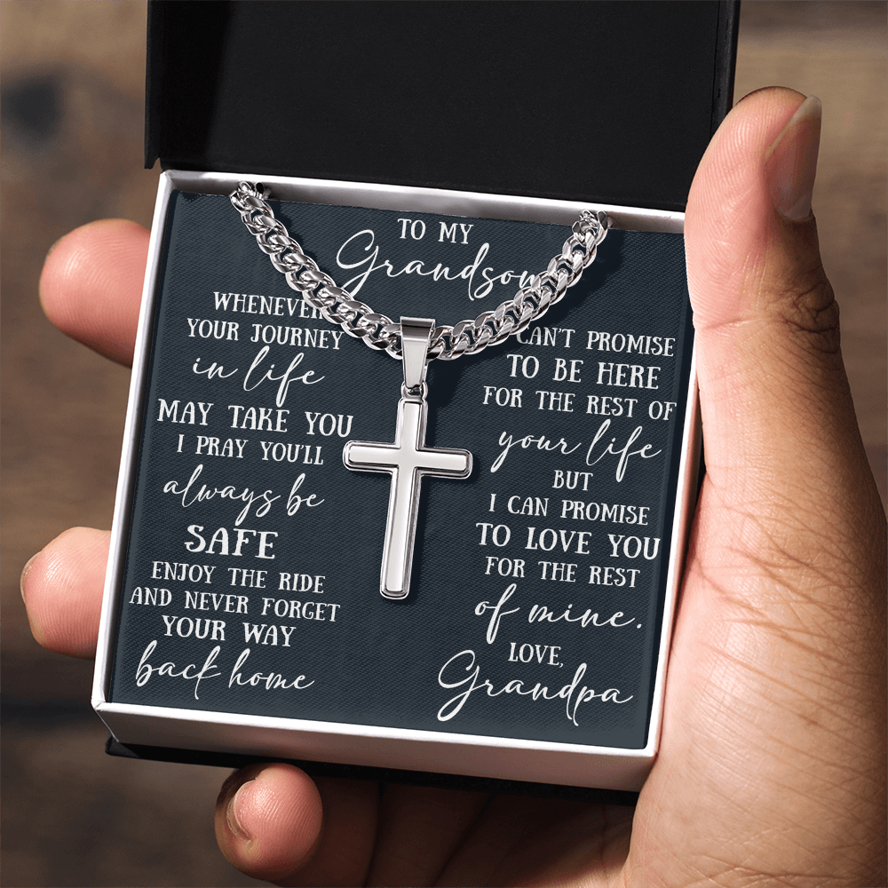 To My Grandson Artisan Cross with Cuban Link Chain - Christian Faith Gift From Grandpa Inspirational Jewelry
