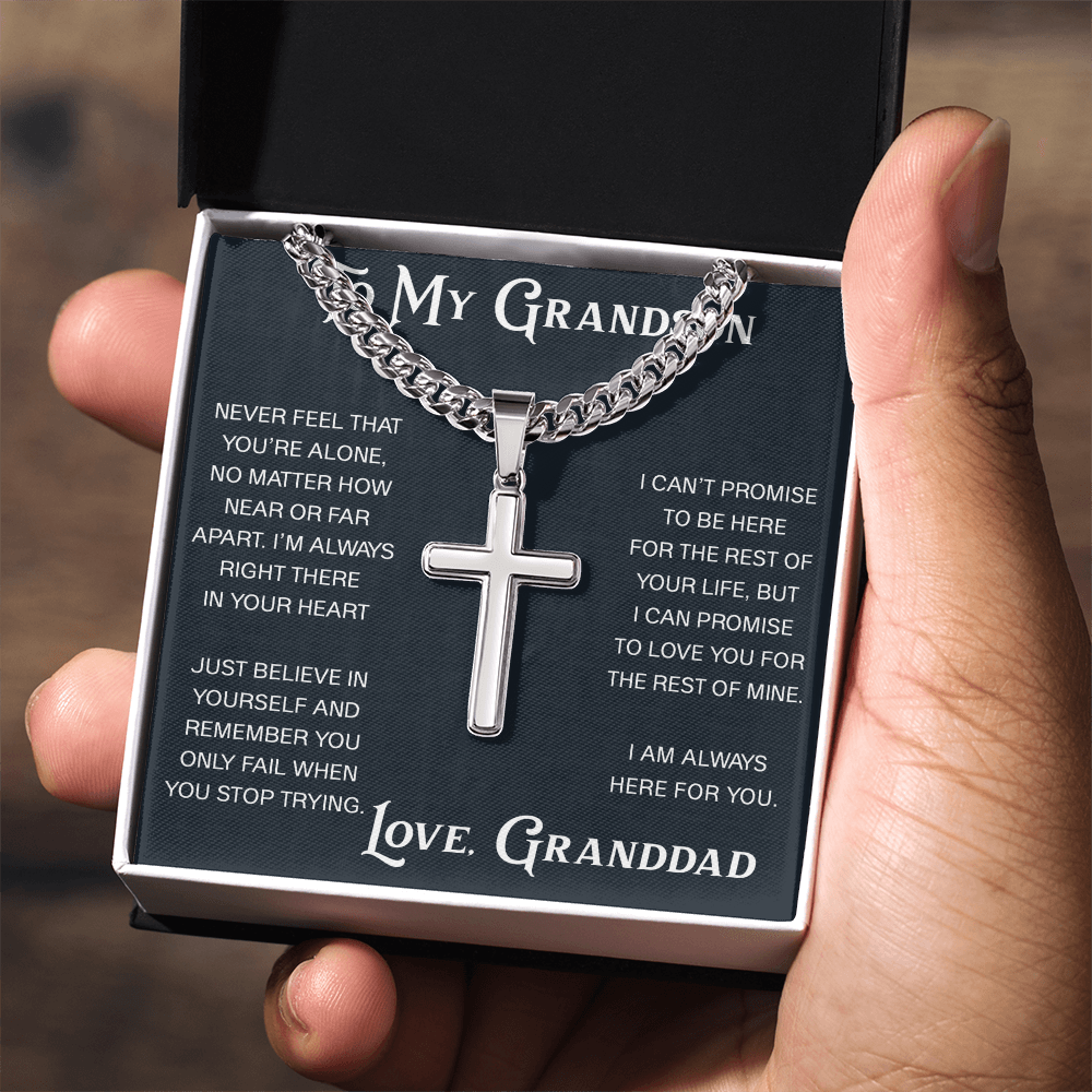 To My Grandson Artisan Cross with Cuban Link Chain - Christian Faith Gift From Granddad Inspirational Jewelry