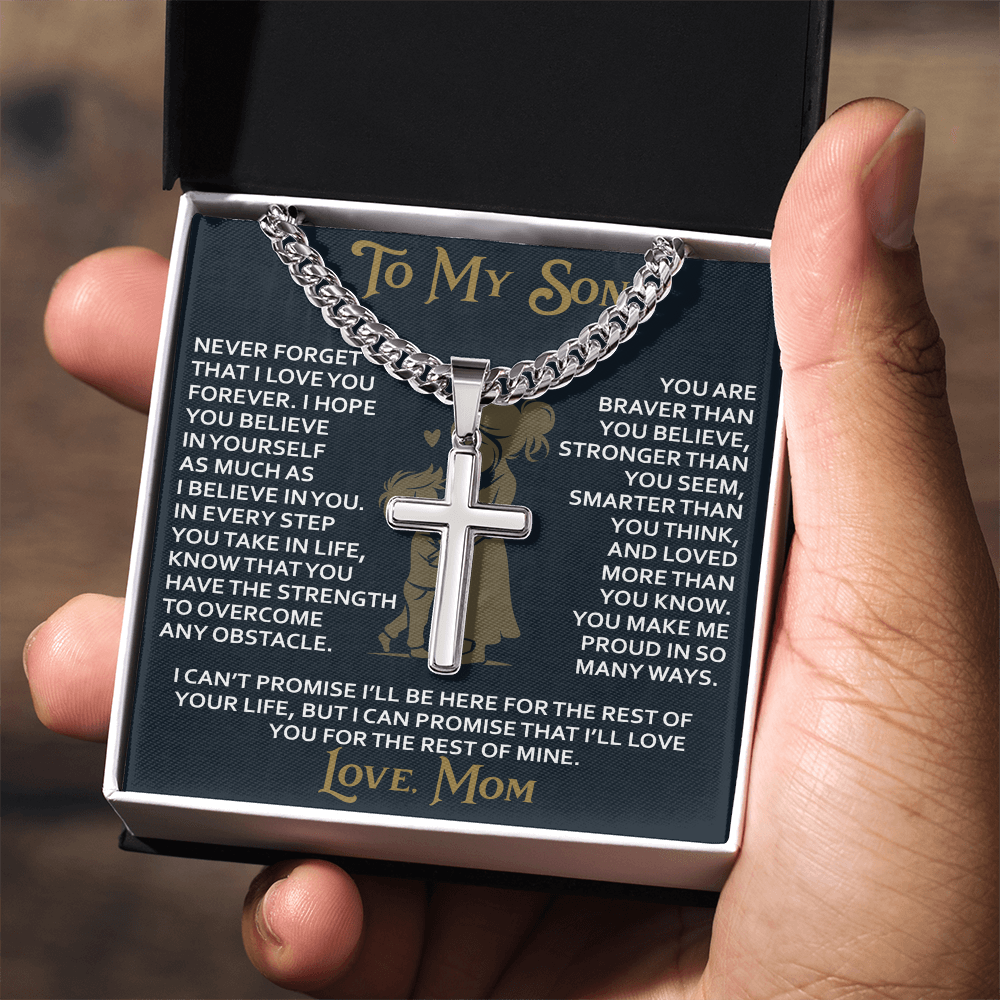 To My Daughter Gift From Mom Mama Mother - Artisan Cross with Cuban Link Chain for Birthday Christmas Back to School or Special Occasion