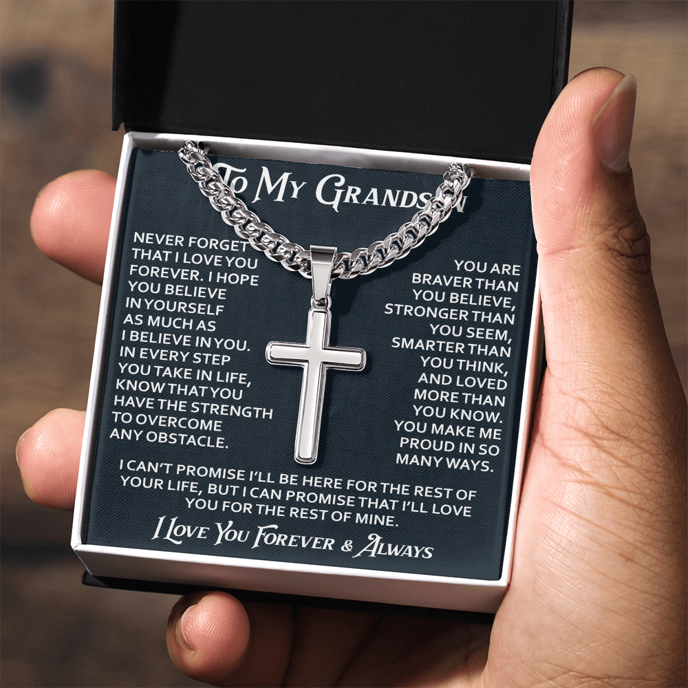 To My Grandson Artisan Cross with Cuban Link Chain - Christian Faith Gifts From Grandpa Inspirational Jewelry