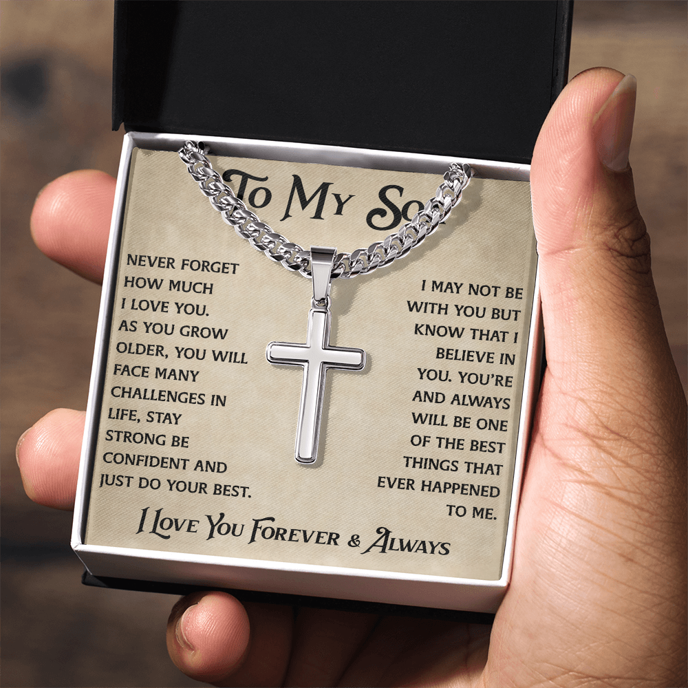 To My Son Artisan Cross with Cuban Link Chain - Heartfelt Jewelry Gifts from Dad Father for Birthday Back to School or Special Occasion