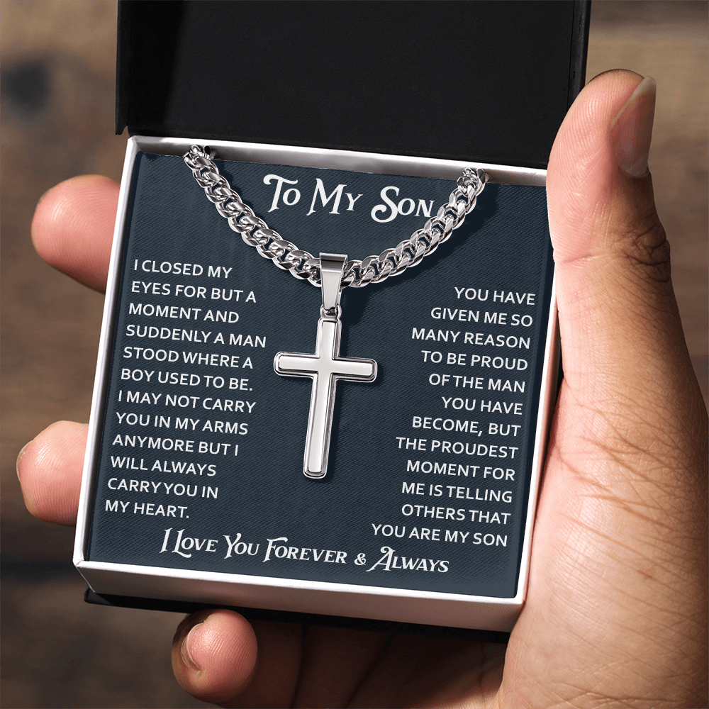To My Son Artisan Cross with Cuban Link Chain - Birthday Gift from Dad Father Heartfelt Jewelry Gifts