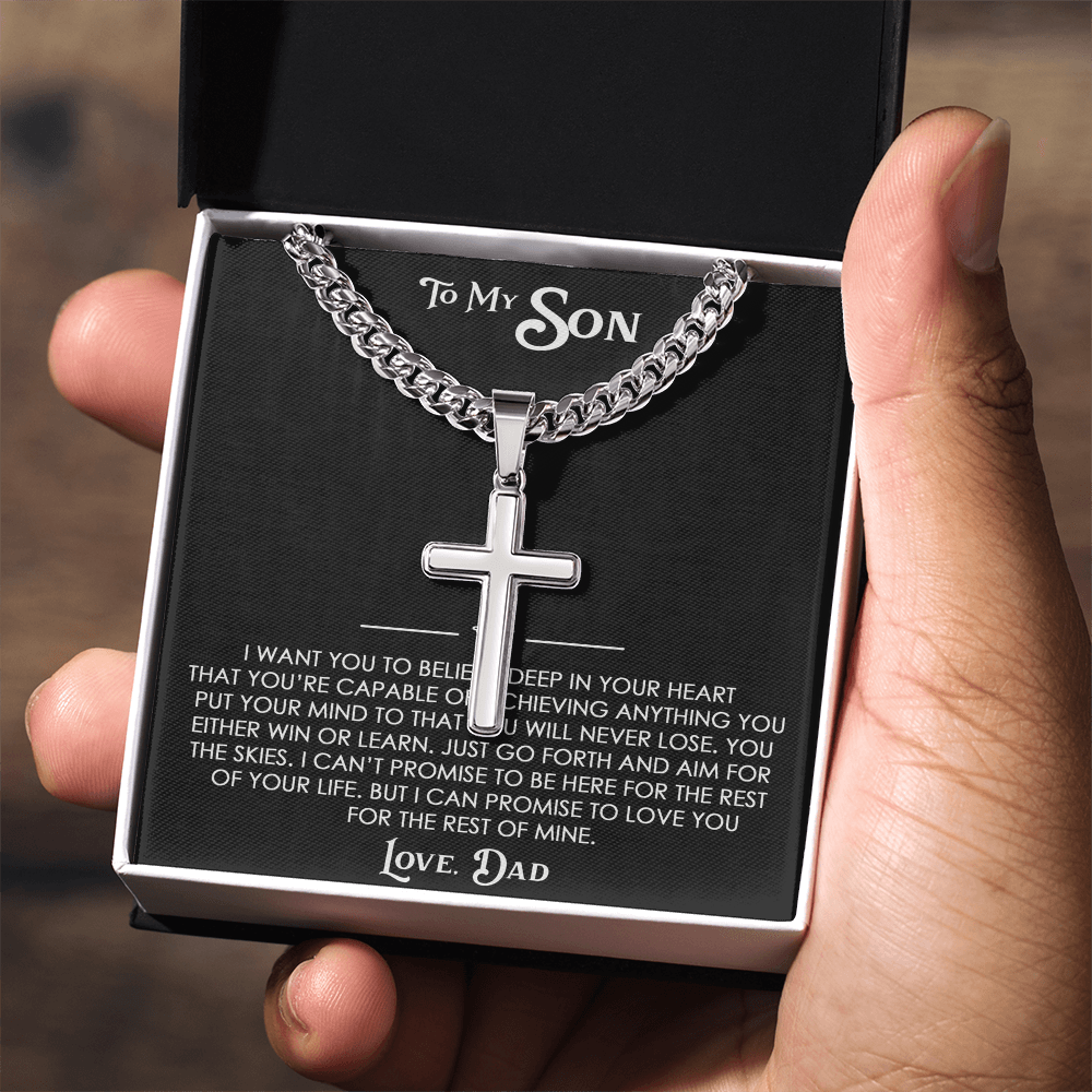 To My Son Gift From Dad - Artisan Cross with Cuban Link Chain For Children, Faith Gift for any Occasion