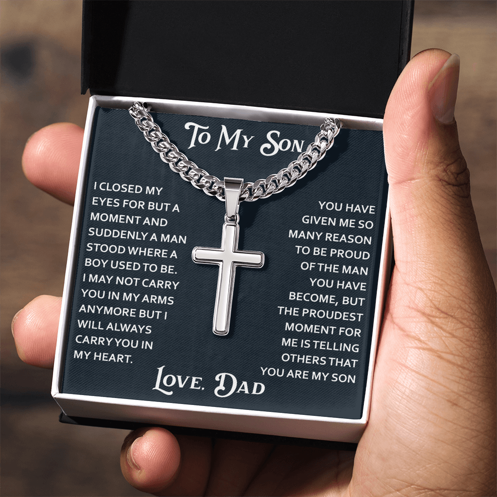 To My Son Artisan Cross with Cuban Link Chain for Birthday Back to School Christmas Gift from Dad Father Heartfelt Jewelry Present