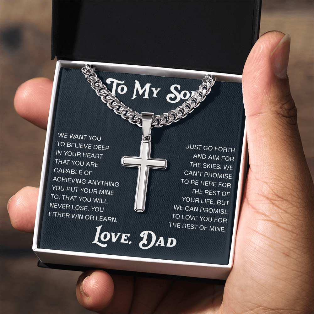 To My Son Artisan Cross with Cuban Link Chain Gift from Dad Father -  Unique Present for Graduation, Birthday, Christmas or any Special Occasion