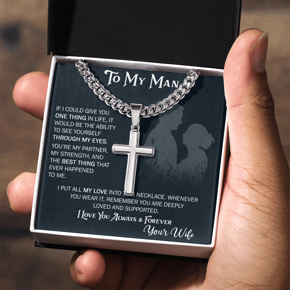 To My Husband Artisan Cross with Cuban Link Chain From Wife – Valentines Day Gifts for Her with Heartfelt Message Card, Premium Gold-Plated Wife Jewelry in Elegant Box