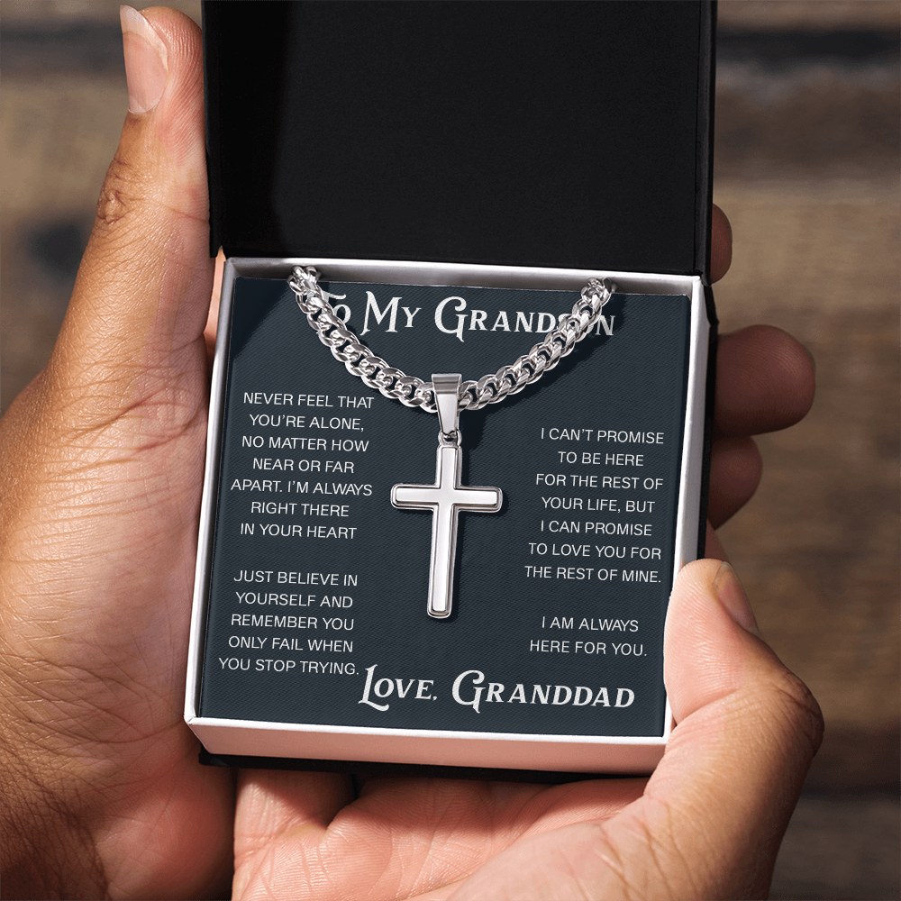To My Grandson Artisan Cross with Cuban Link Chain - Christian Faith Gift From Granddad Inspirational Jewelry