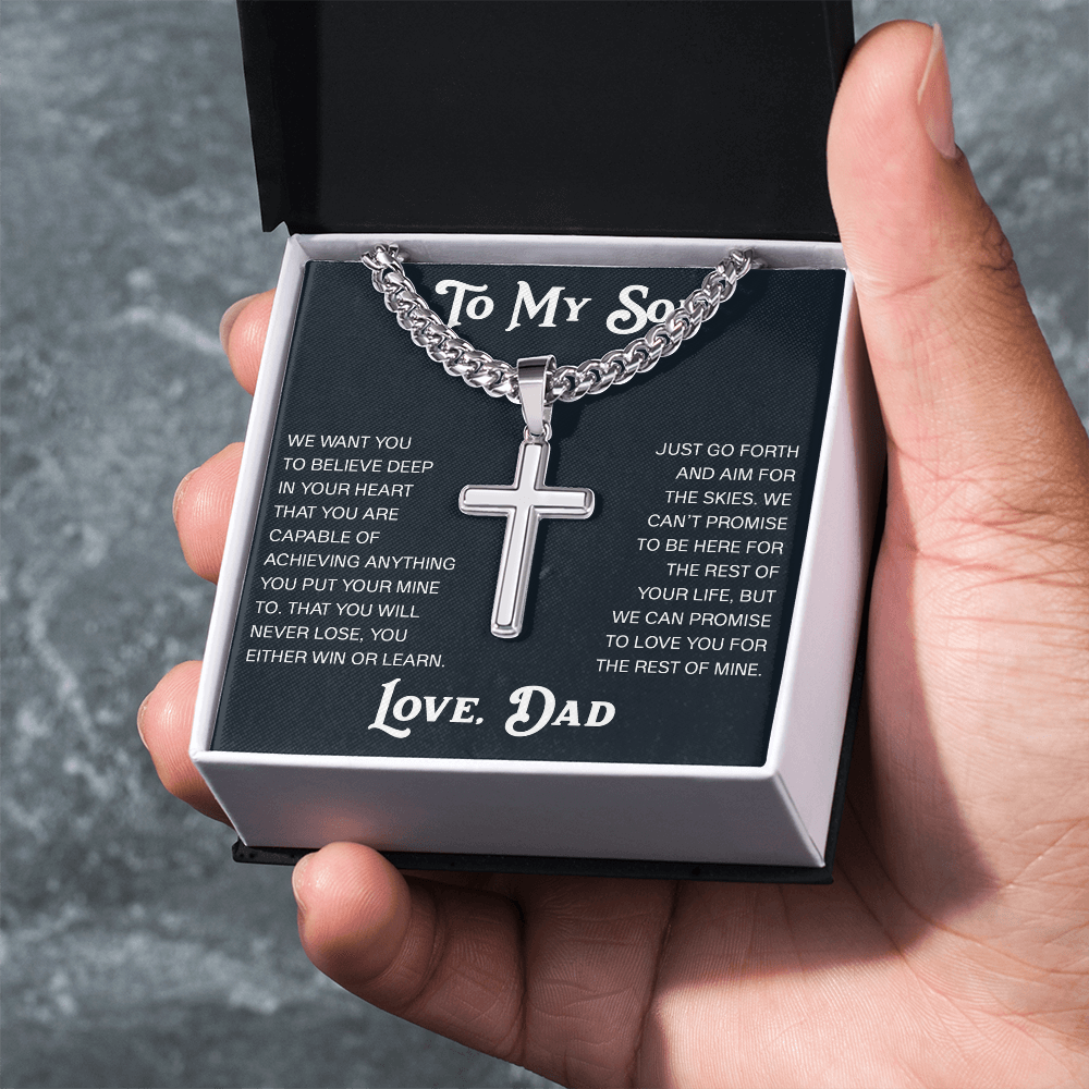 To My Son Artisan Cross with Cuban Link Chain Gift from Dad Father -  Unique Present for Graduation, Birthday, Christmas or any Special Occasion