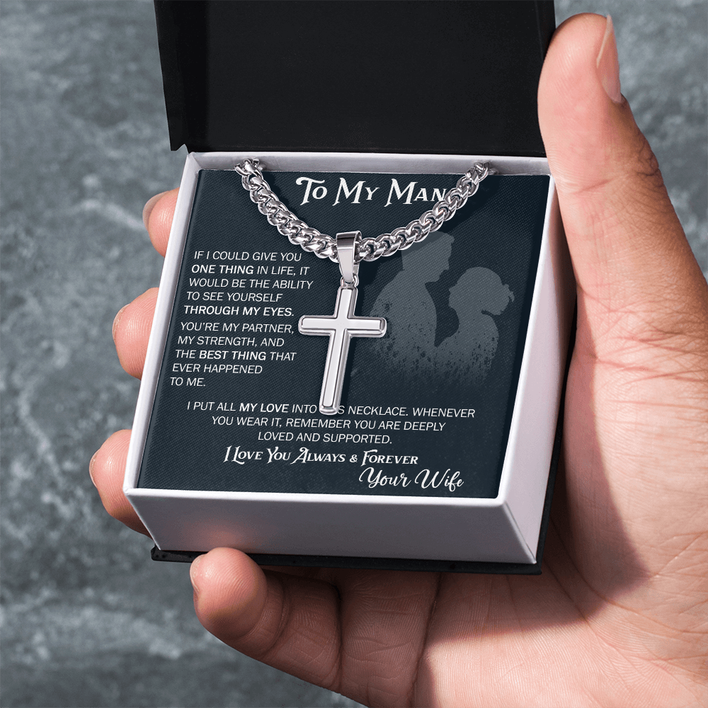 To My Husband Artisan Cross with Cuban Link Chain From Wife – Valentines Day Gifts for Her with Heartfelt Message Card, Premium Gold-Plated Wife Jewelry in Elegant Box