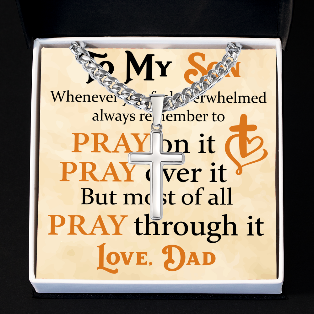 Product Image To My Son Bracelet from Dad, Pray on It, Pray Over It, But Most of All Pray Through It, Artisan Cross with Cuban Link Chain