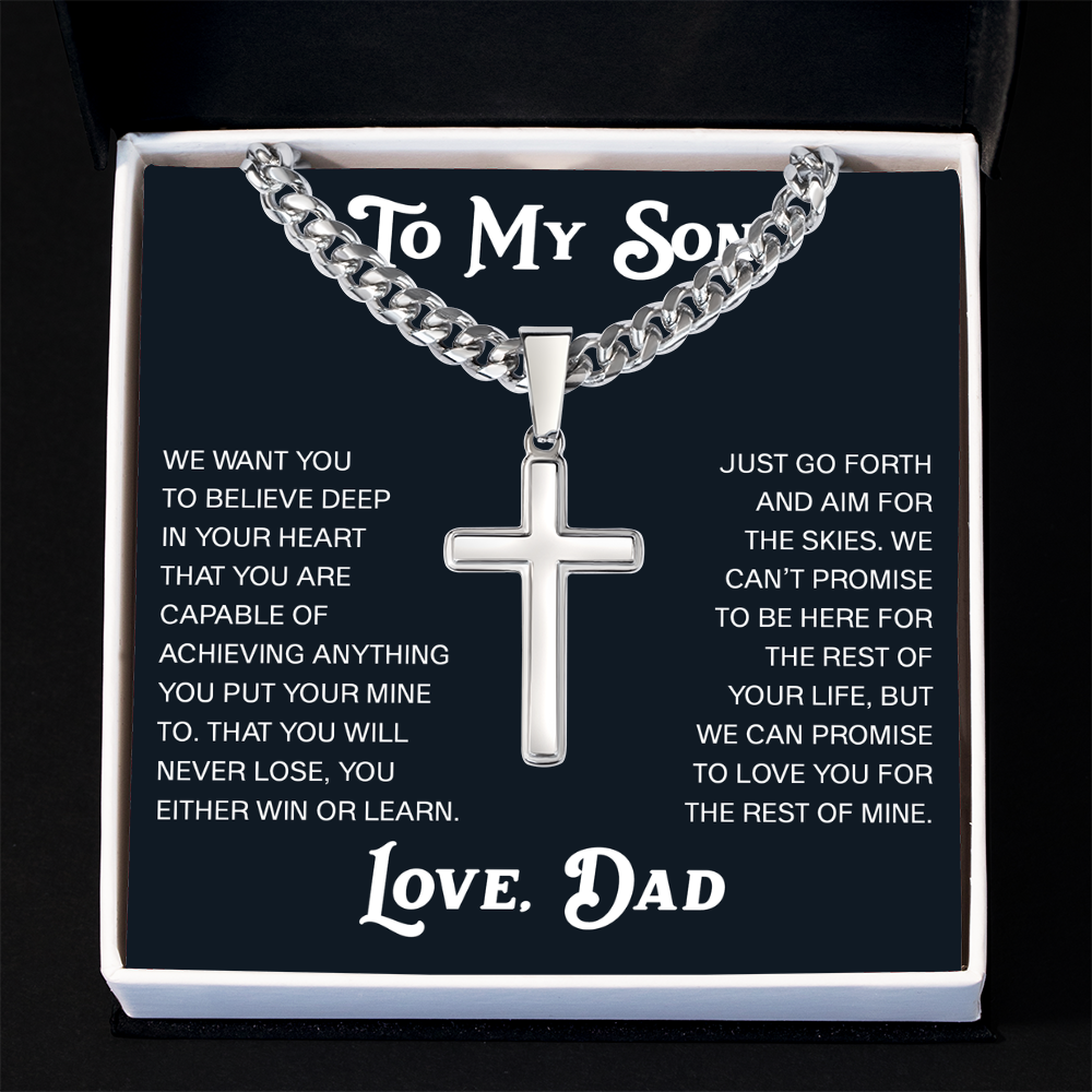 To My Son Artisan Cross with Cuban Link Chain Gift from Dad Father -  Unique Present for Graduation, Birthday, Christmas or any Special Occasion