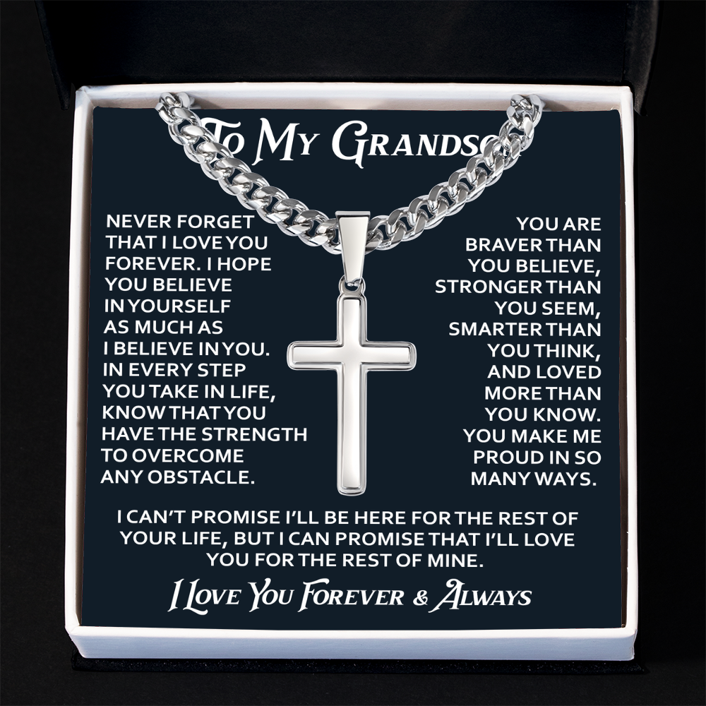 To My Grandson Artisan Cross with Cuban Link Chain - Christian Faith Gifts From Grandpa Inspirational Jewelry