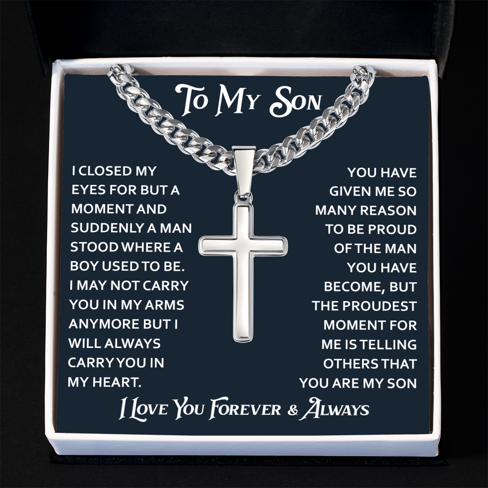 To My Son Artisan Cross with Cuban Link Chain - Birthday Gift from Dad Father Heartfelt Jewelry Gifts