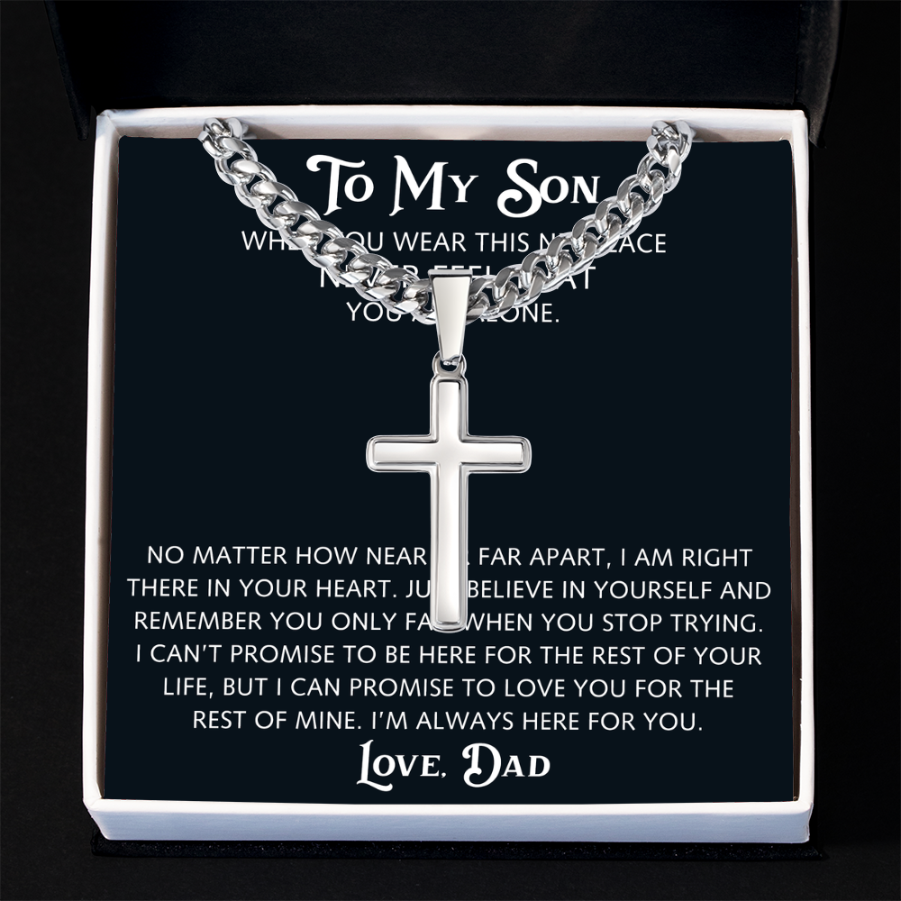 To My Son Artisan Cross with Cuban Link Chain from Dad Father, Christian Faith Religious Gift For Birthday, X-mas or Special Occasion
