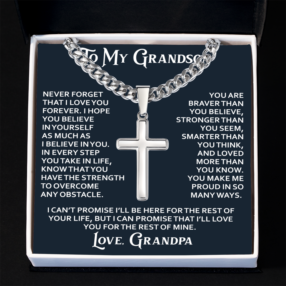To My Grandson Artisan Cross with Cuban Link Chain - Christian Faith Gift From Grandpa Inspirational Jewelry