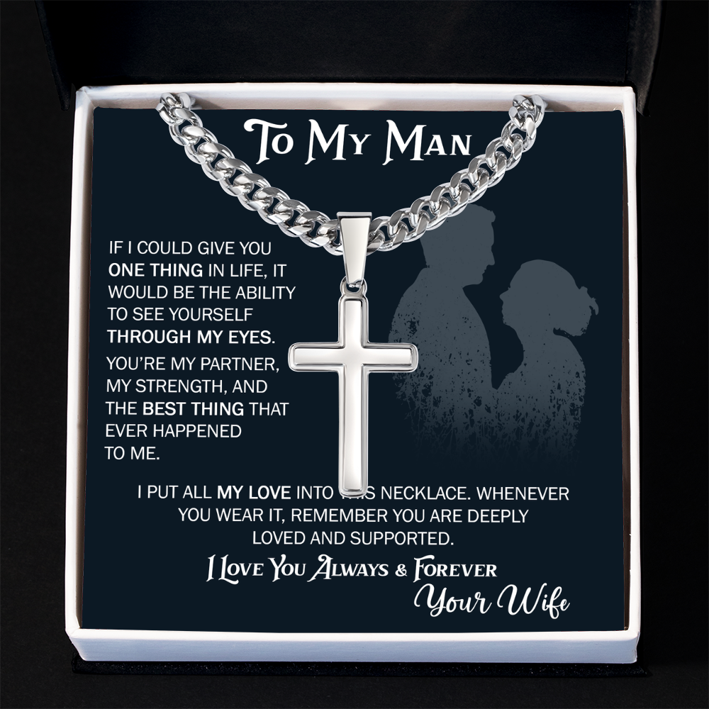 To My Husband Artisan Cross with Cuban Link Chain From Wife – Valentines Day Gifts for Her with Heartfelt Message Card, Premium Gold-Plated Wife Jewelry in Elegant Box