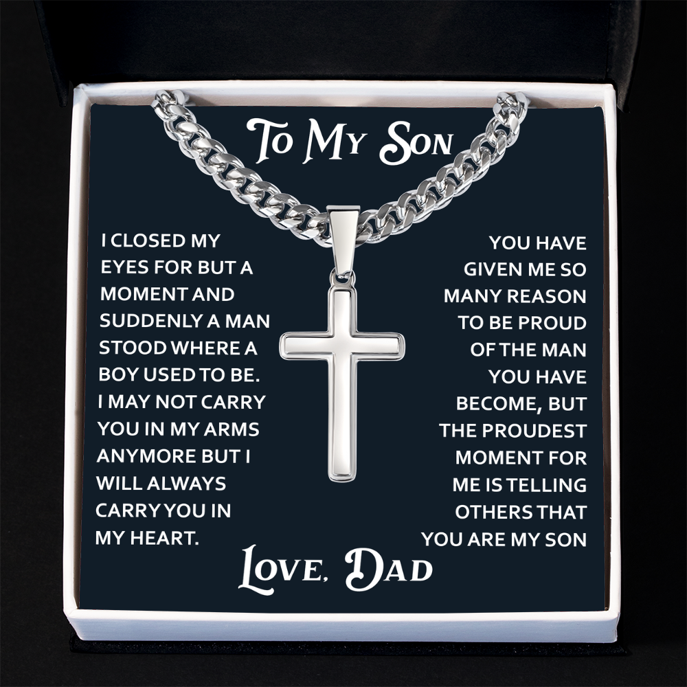 To My Son Artisan Cross with Cuban Link Chain for Birthday Back to School Christmas Gift from Dad Father Heartfelt Jewelry Present
