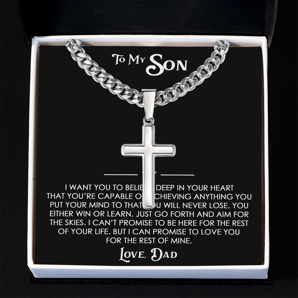 To My Son Gift From Dad - Artisan Cross with Cuban Link Chain For Children, Faith Gift for any Occasion