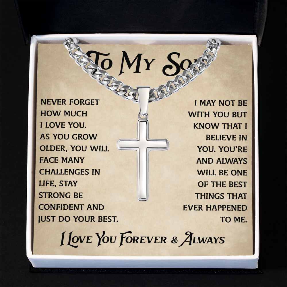 To My Son Artisan Cross with Cuban Link Chain - Heartfelt Jewelry Gifts from Dad Father for Birthday Back to School or Special Occasion