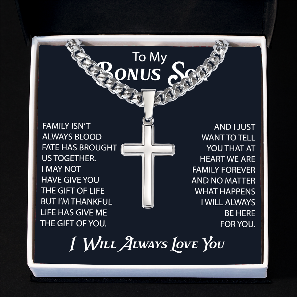 Gift For Bonus Son Cuban Chain with Artisan Cross Necklace From Mom Dad, Bonus Son Necklaces Gift
