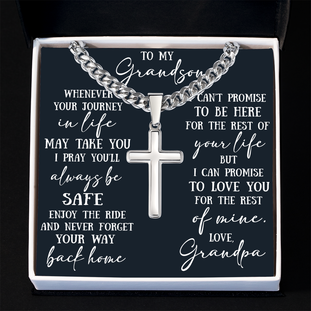 To My Grandson Artisan Cross with Cuban Link Chain - Christian Faith Gift From Grandpa Inspirational Jewelry
