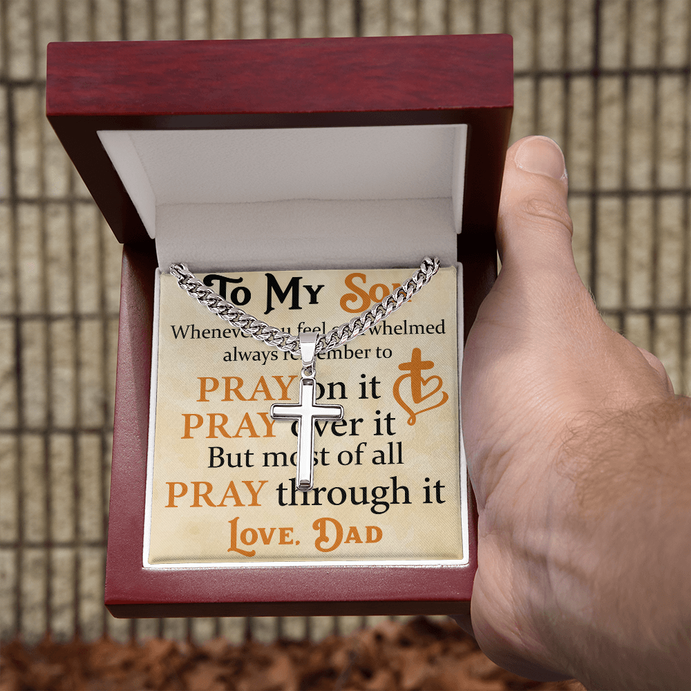 Product Image To My Son Bracelet from Dad, Pray on It, Pray Over It, But Most of All Pray Through It, Artisan Cross with Cuban Link Chain