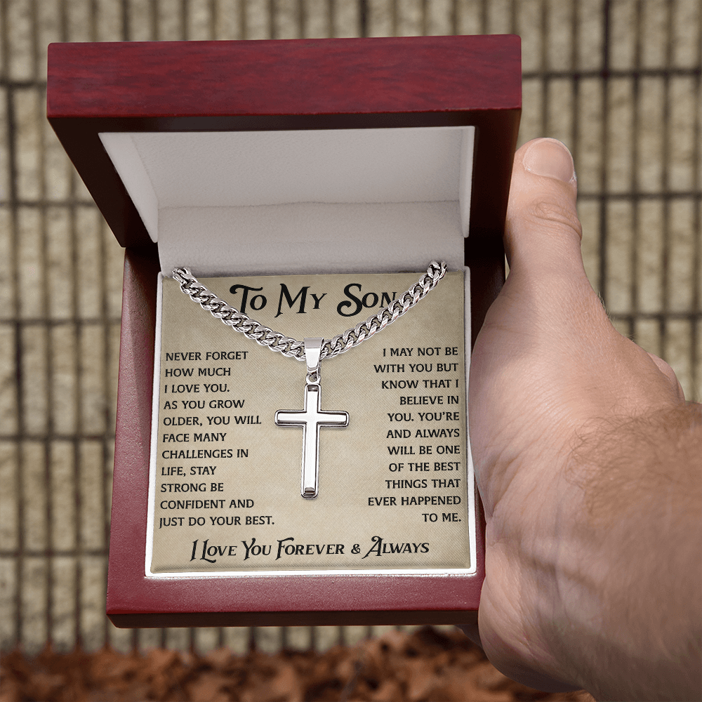 To My Son Artisan Cross with Cuban Link Chain - Heartfelt Jewelry Gifts from Dad Father for Birthday Back to School or Special Occasion