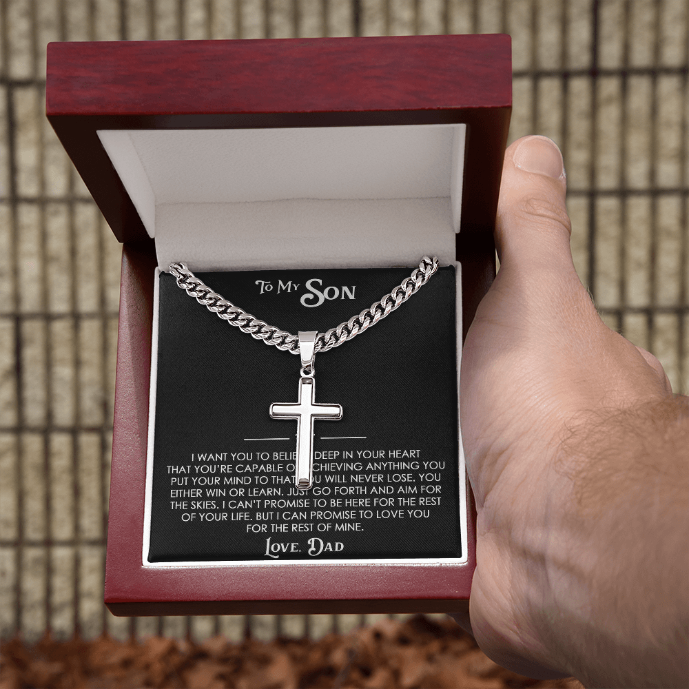 To My Son Gift From Dad - Artisan Cross with Cuban Link Chain For Children, Faith Gift for any Occasion