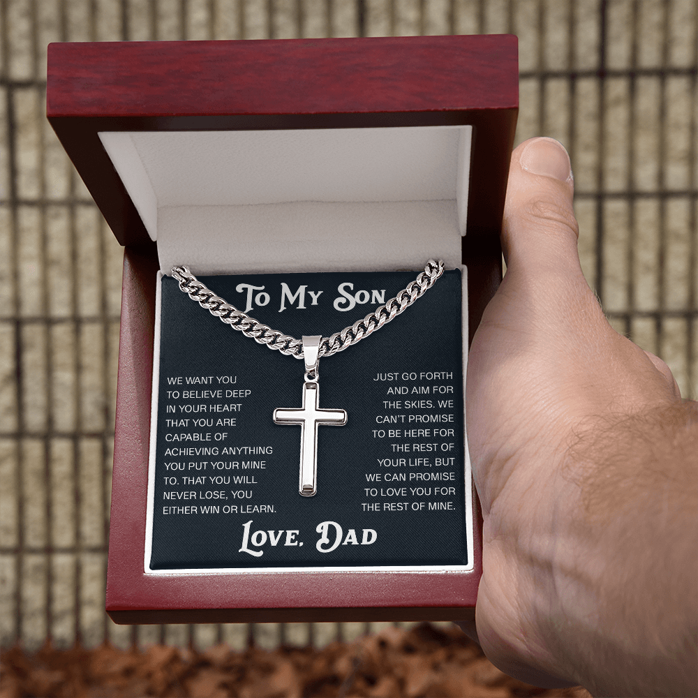 To My Son Artisan Cross with Cuban Link Chain Gift from Dad Father -  Unique Present for Graduation, Birthday, Christmas or any Special Occasion