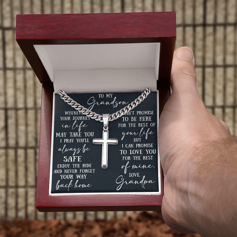 To My Grandson Artisan Cross with Cuban Link Chain - Christian Faith Gift From Grandpa Inspirational Jewelry