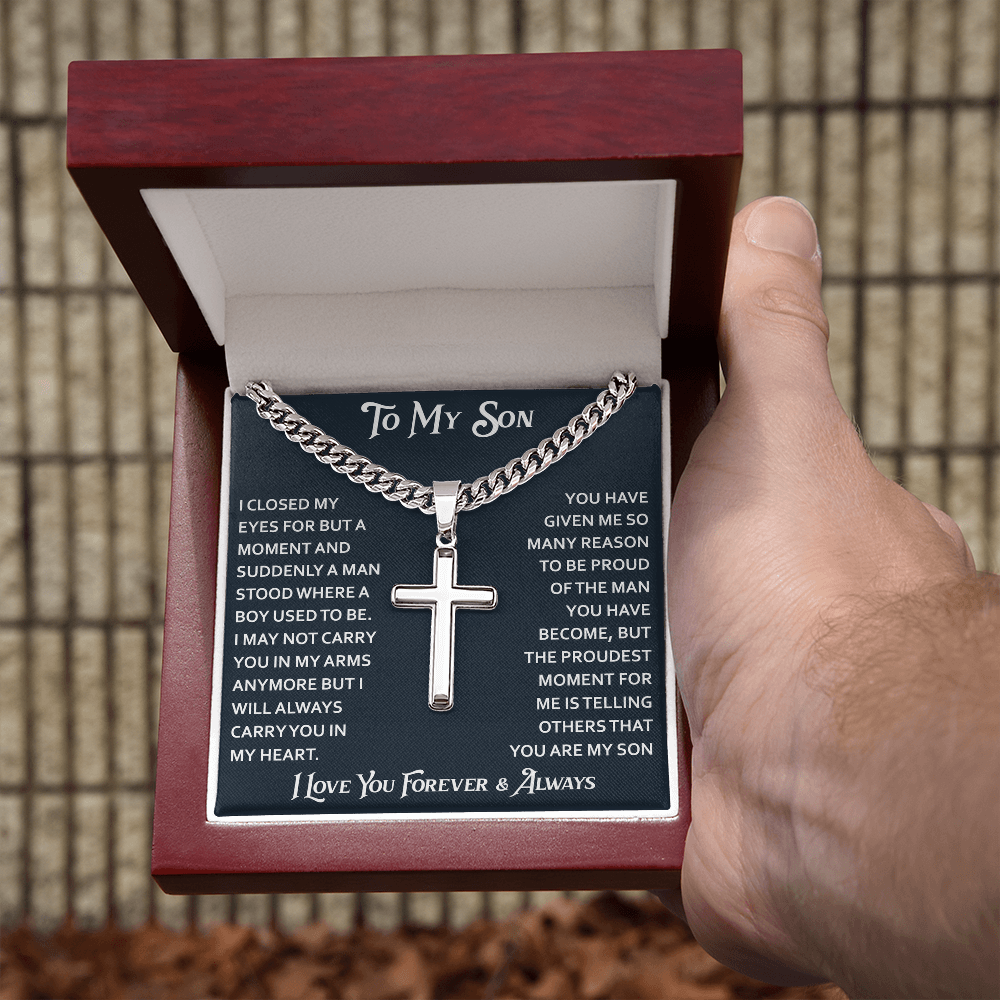 To My Son Artisan Cross with Cuban Link Chain - Birthday Gift from Dad Father Heartfelt Jewelry Gifts