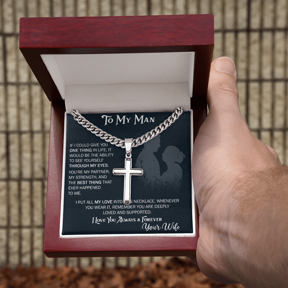 To My Husband Artisan Cross with Cuban Link Chain From Wife – Valentines Day Gifts for Her with Heartfelt Message Card, Premium Gold-Plated Wife Jewelry in Elegant Box