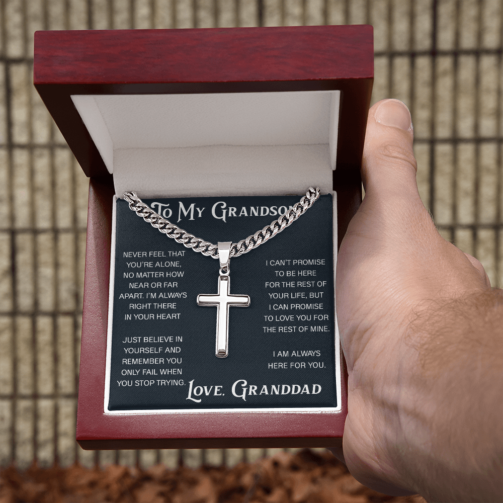 To My Grandson Artisan Cross with Cuban Link Chain - Christian Faith Gift From Granddad Inspirational Jewelry