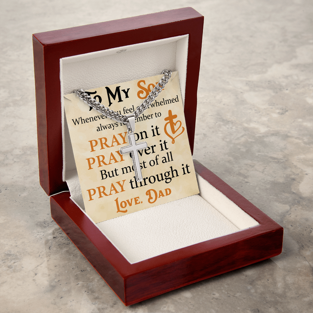 Product Image To My Son Bracelet from Dad, Pray on It, Pray Over It, But Most of All Pray Through It, Artisan Cross with Cuban Link Chain