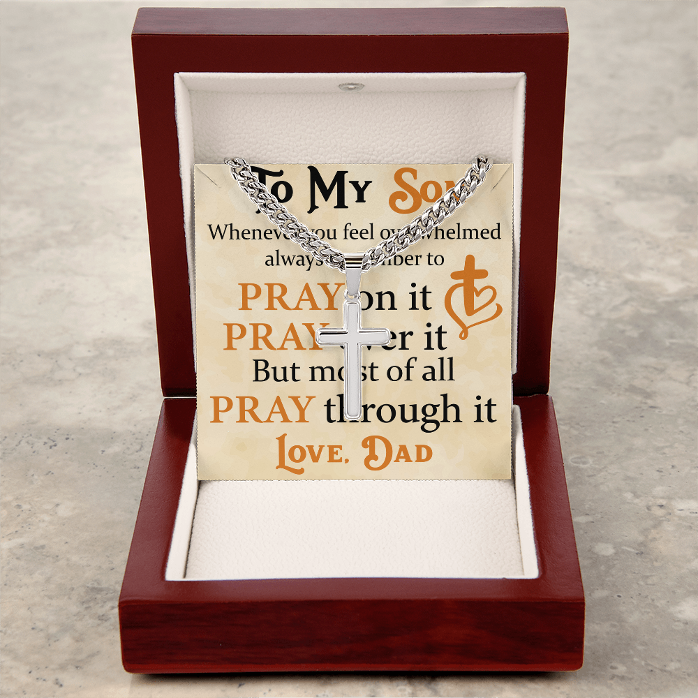 Product Image To My Son Bracelet from Dad, Pray on It, Pray Over It, But Most of All Pray Through It, Artisan Cross with Cuban Link Chain