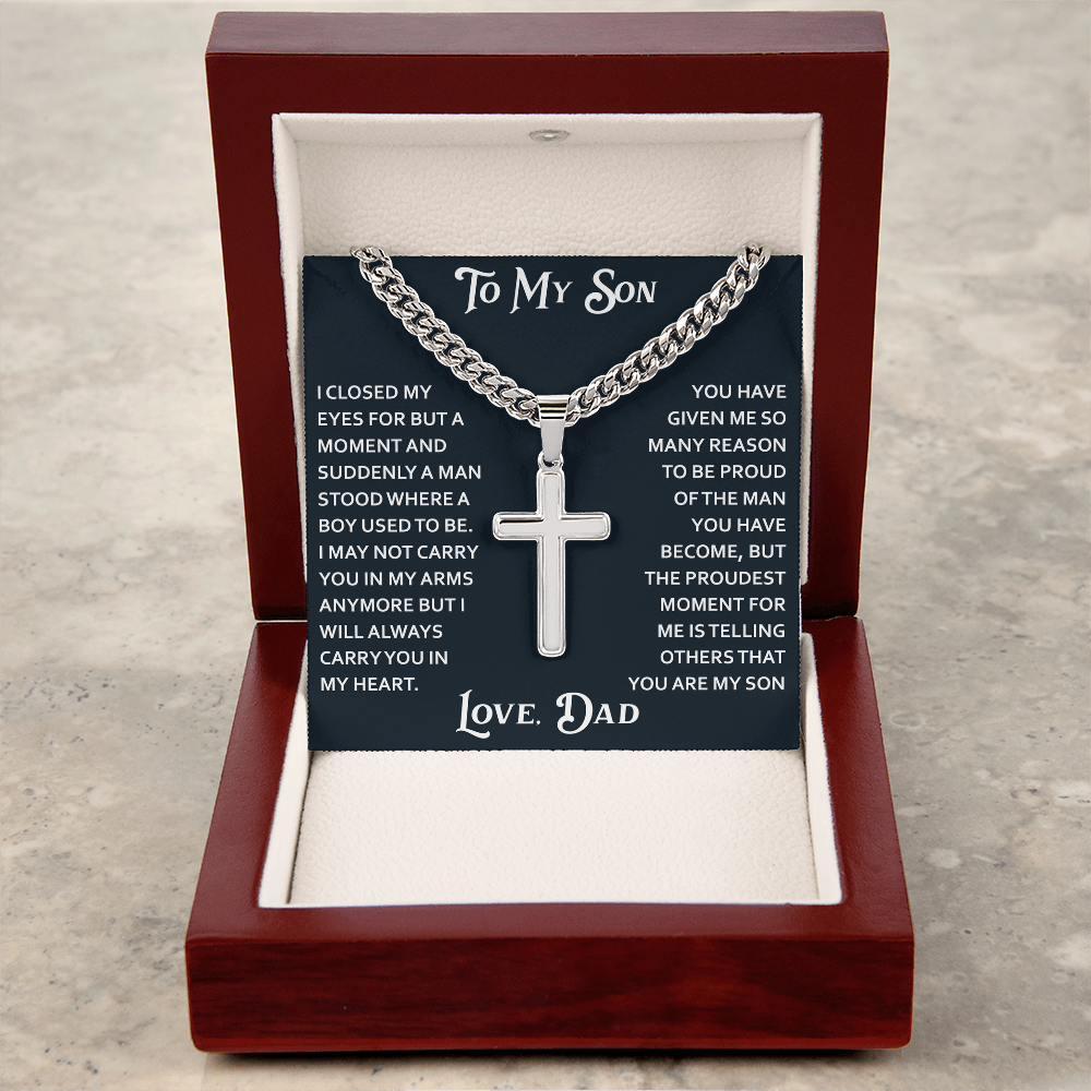 To My Son Artisan Cross with Cuban Link Chain for Birthday Back to School Christmas Gift from Dad Father Heartfelt Jewelry Present