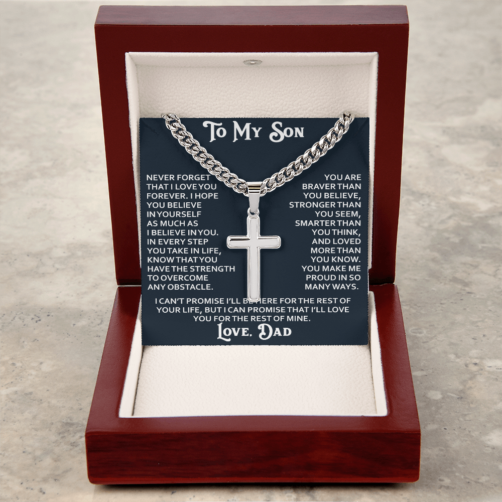 To My Son Artisan Cross with Cuban Link Chain - Birthday Gift from Dad Father Heartfelt Jewelry