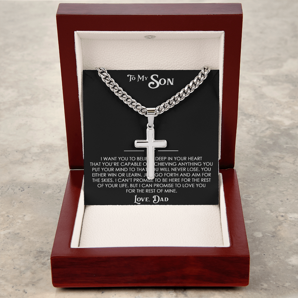 To My Son Gift From Dad - Artisan Cross with Cuban Link Chain For Children, Faith Gift for any Occasion