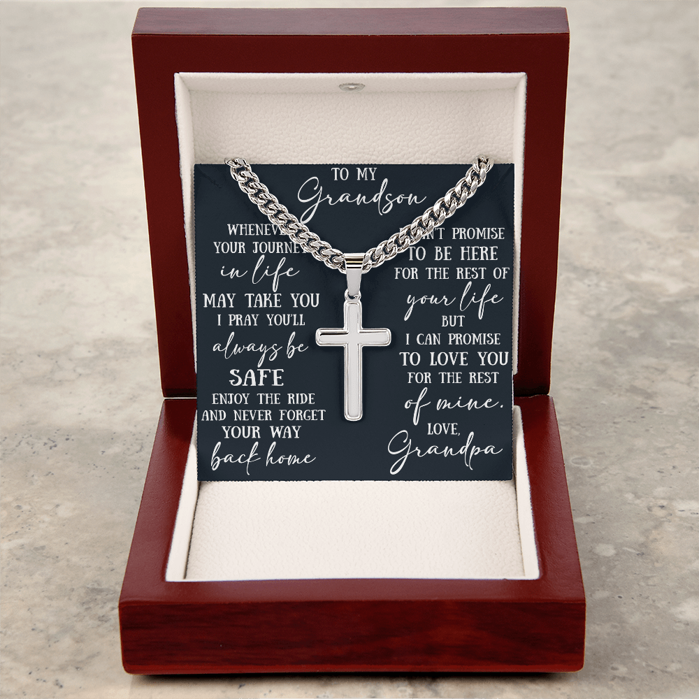 To My Grandson Artisan Cross with Cuban Link Chain - Christian Faith Gift From Grandpa Inspirational Jewelry