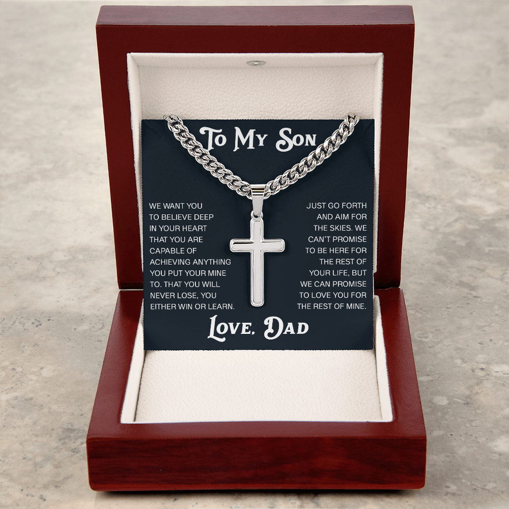 To My Son Artisan Cross with Cuban Link Chain Gift from Dad Father -  Unique Present for Graduation, Birthday, Christmas or any Special Occasion