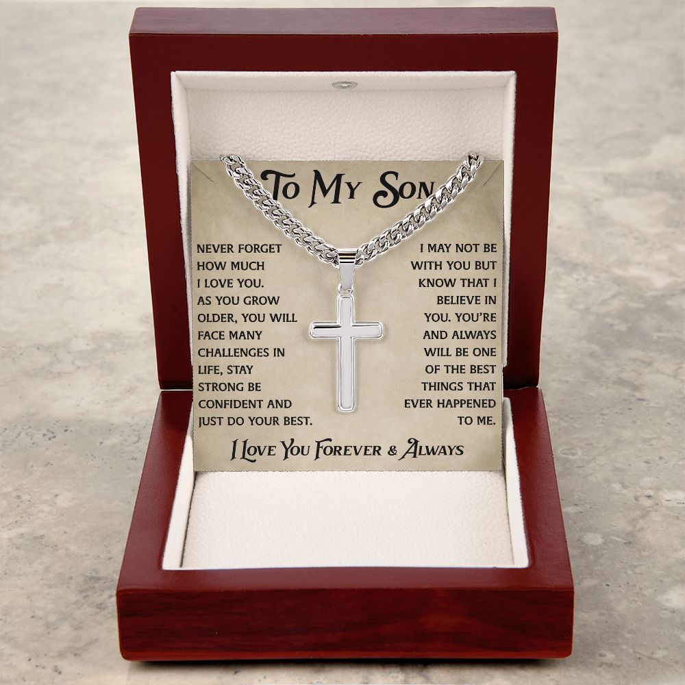 To My Son Artisan Cross with Cuban Link Chain - Heartfelt Jewelry Gifts from Dad Father for Birthday Back to School or Special Occasion