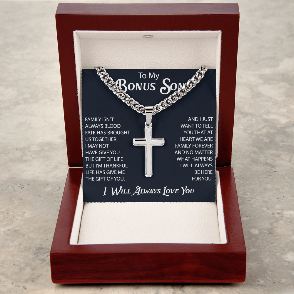 Gift For Bonus Son Cuban Chain with Artisan Cross Necklace From Mom Dad, Bonus Son Necklaces Gift