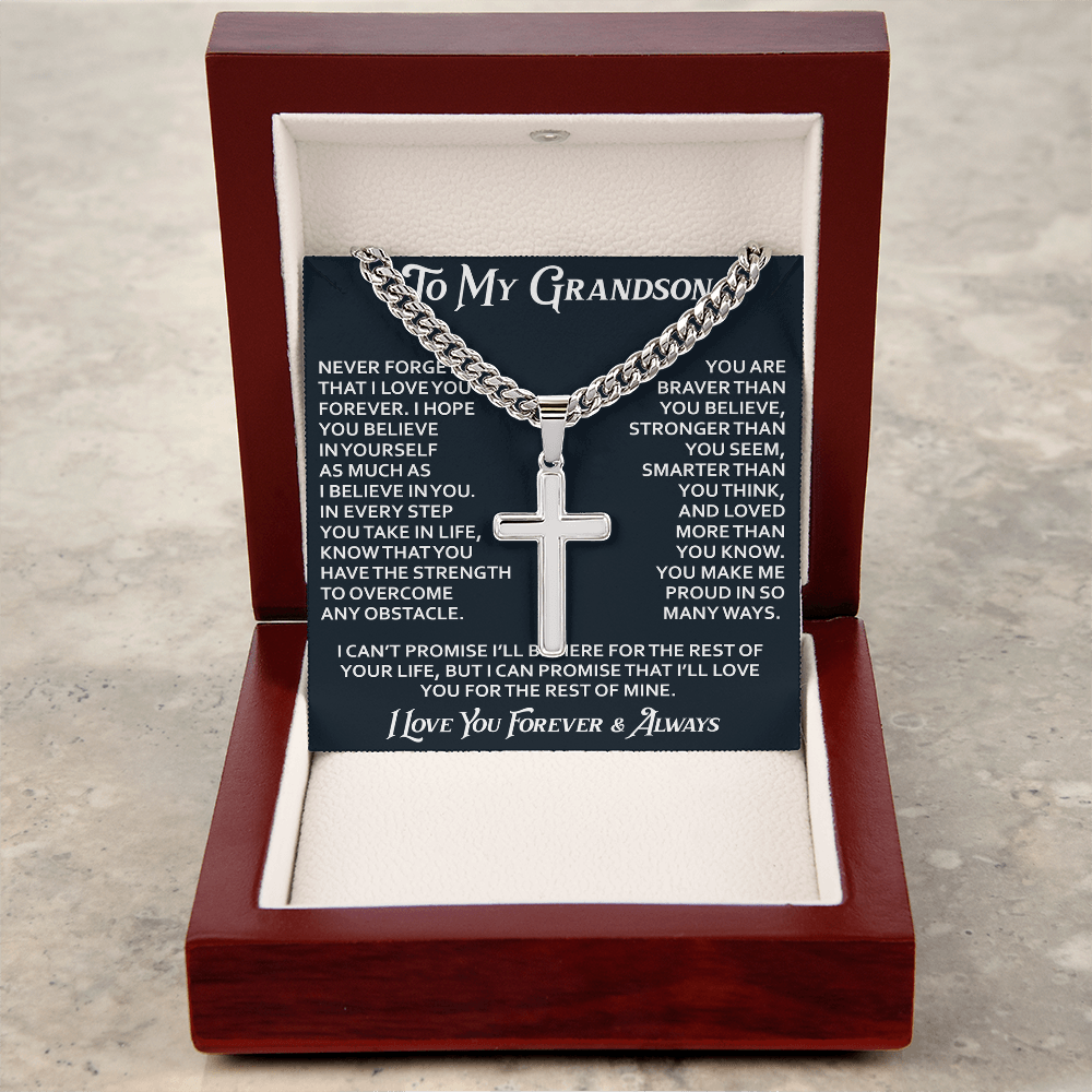 To My Grandson Artisan Cross with Cuban Link Chain - Christian Faith Gifts From Grandpa Inspirational Jewelry