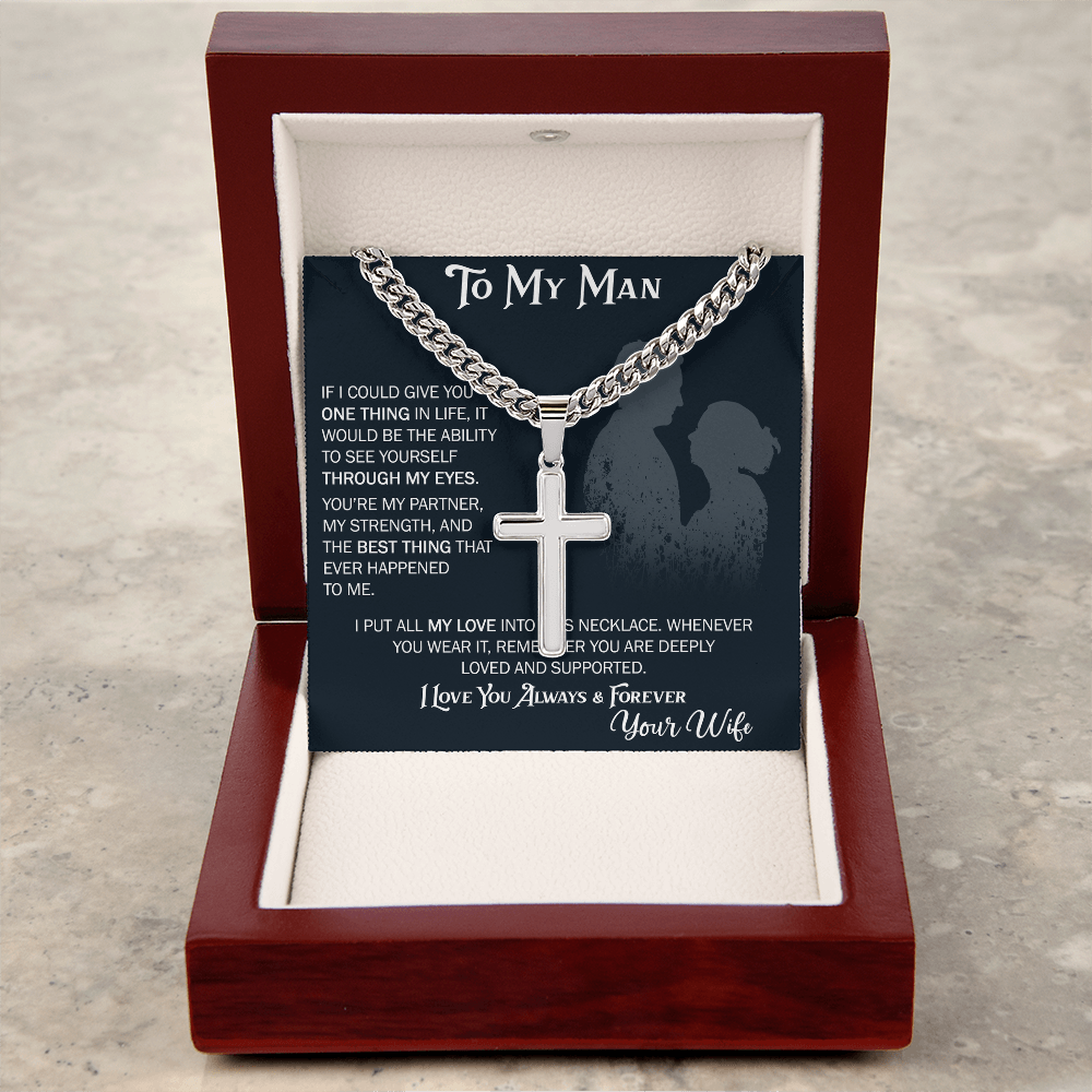 To My Husband Artisan Cross with Cuban Link Chain From Wife – Valentines Day Gifts for Her with Heartfelt Message Card, Premium Gold-Plated Wife Jewelry in Elegant Box