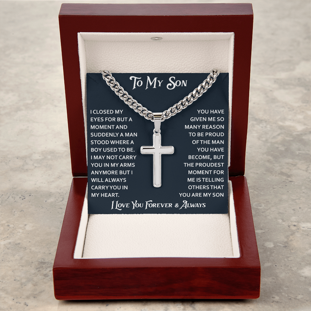 To My Son Artisan Cross with Cuban Link Chain - Birthday Gift from Dad Father Heartfelt Jewelry Gifts