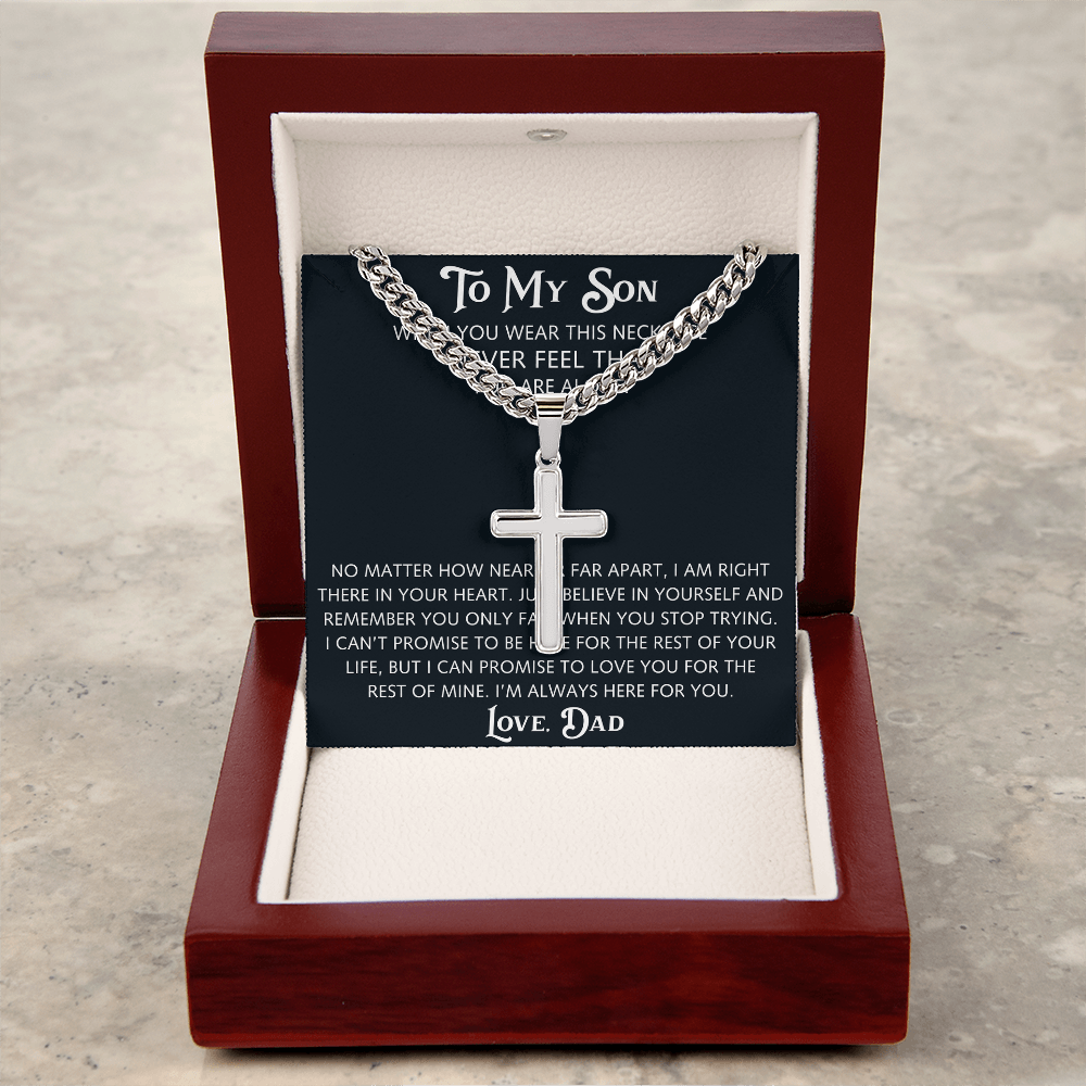 To My Son Artisan Cross with Cuban Link Chain from Dad Father, Christian Faith Religious Gift For Birthday, X-mas or Special Occasion
