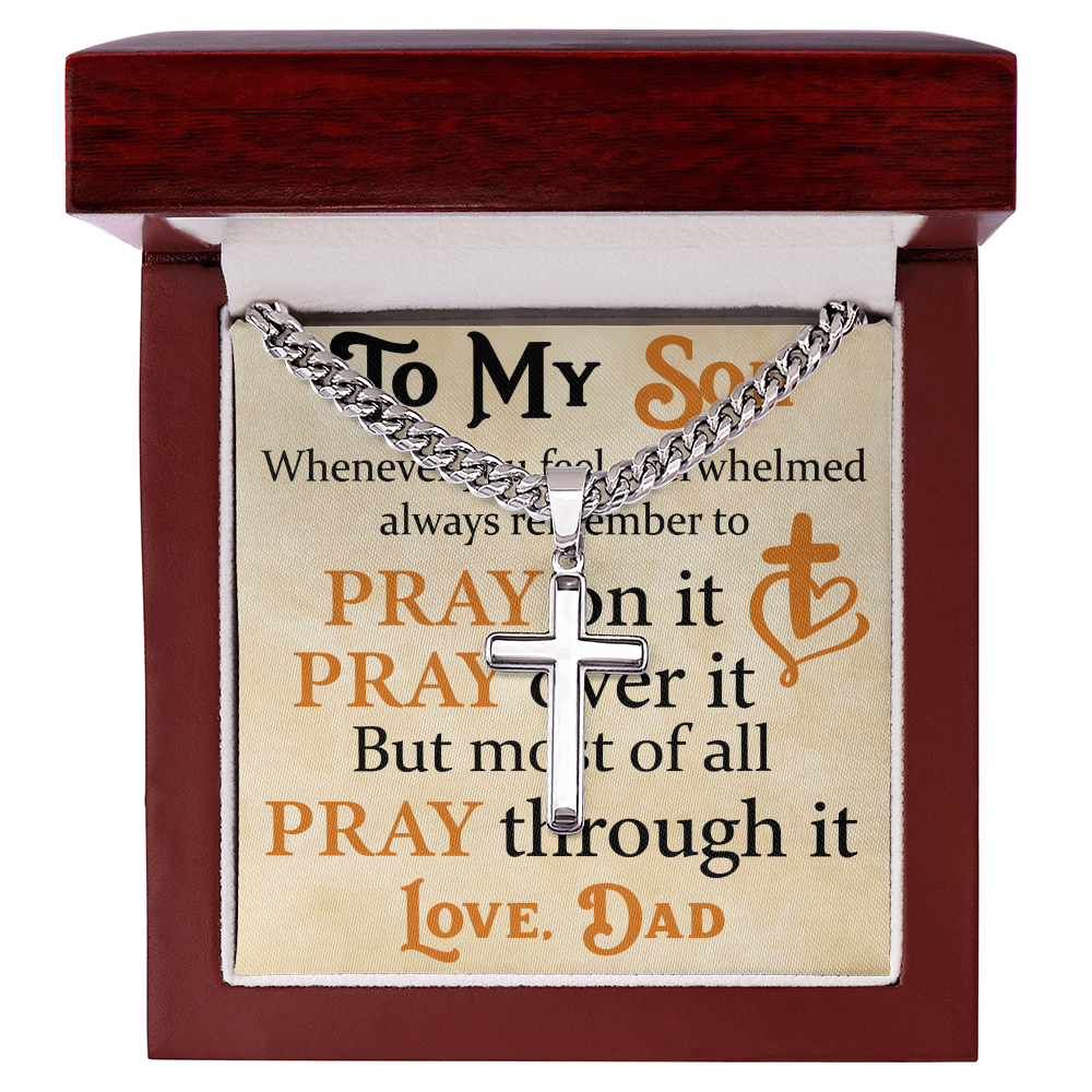 Product Image To My Son Bracelet from Dad, Pray on It, Pray Over It, But Most of All Pray Through It, Artisan Cross with Cuban Link Chain